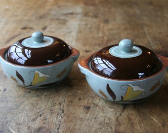 Pair of Vintage Stangl Pottery Golden Harvest Individual Casserole Dishes with Lids | Personal Size Covered Baking Dish | Floral Design