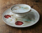 Vintage RS Germany Hand Painted Porcelain 2-Tiered Server Tulip Spring Floral Motif with Art Deco Geometric Edging Chip Dip Plate