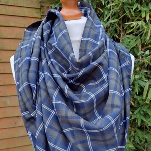 Olive and navy checked brushed cotton scarf, soft cotton navy and green checked shawl, navy checked wrap, navy green check blanket scarf