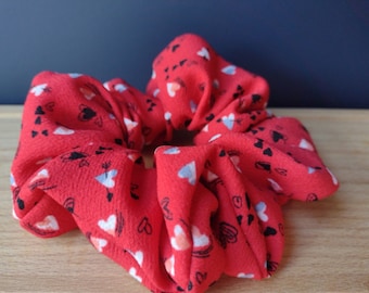 Luxury full red heart print scrunchies, valentines hair ties, mini hearts on red scrunchies, bright red hair accessories, galentines