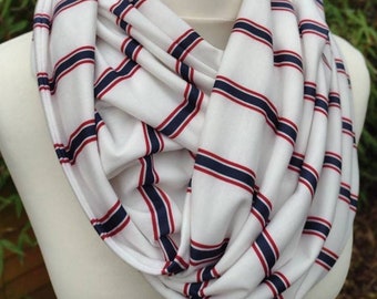 nautical navy and red striped white jersey infinity scarf, circle scarf, loop scarf, jersey scarf, infinity shawl, jersey infinity cowl