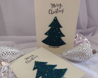 Fabric Christmas tree card, merry christmas card, green xmas tree card design, handmade cut out fabric beaded tree, beaded bauble tree card