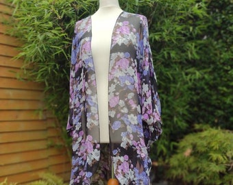 purple floral voile long slouch kimono cardigan, lightweight voile kimono, black floral kimono cover up, floral summer kimono, flower print