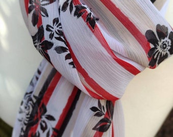 Red and white stripe and black floral scarf, floaty floral chiffon scarf, lightweight crinkle chiffon shawl, summer wrap, cover up, sarong