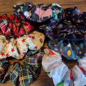 christmas scrunchies, stars snowflakes, tartan, gonks, fun christmas animal scrunchies, hair ties, rainbow snowflake scrunchies, accessories