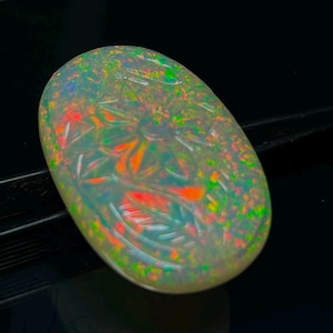 Natural Carved Flower Opal Cabochon Hand Engraved WhiteCrystal Floral FireOpal Loose Gemstone for Jewelry Making Unique Gift 75 carat weight