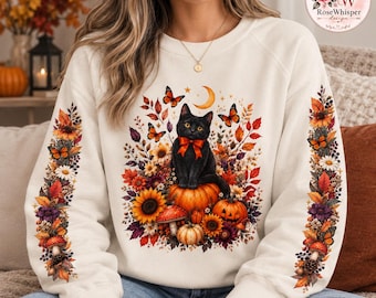 Bluza z nadrukiem Vintage Floral Pumpkin French Terry, damska bluza z okrągłym dekoltem na jesień, sweter z jesiennymi kwiatami, prezent na Halloween