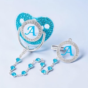 Personlig lyxig bling-napp och klämma, anpassad napp med namn och initialer, napphållare för nyfödd med strass, babyshowerpresent