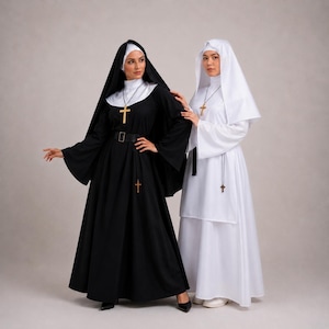 May include: Two nun costumes, one in black and one in white. Each features a long-sleeved floor-length dress, a matching headpiece, and a white wimple. A wooden cross pendant hangs from a black cord around the neck, and a belt is worn at the waist.