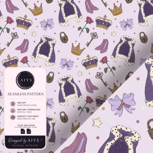May include: A seamless digital pattern on a light purple background featuring illustrations of purple capes with white fur trim, gold crowns, pink high-heeled shoes, red roses, ornate keys, padlocks, light purple bows, and small yellow stars.