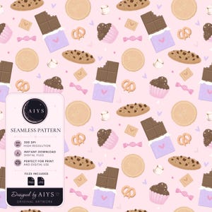 Puede incluir: Un patrón digital sin costuras sobre un fondo rosa claro que presenta ilustraciones de barras de chocolate en envoltorios morados, galletas con chispas de chocolate, galletas redondas con el texto NIOM, cupcakes rosas, pretzels, malvaviscos y pequeños dulces rosas.
