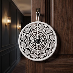 May include: A circular white wall hanging featuring an intricate spider web pattern with a solid black spider positioned in the center. The decorative piece includes a white loop at the top for hanging and displays a detailed geometric design.
