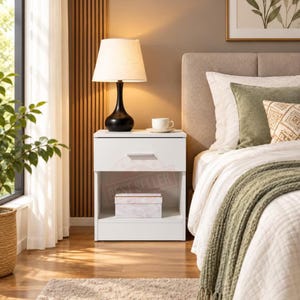 White Bedside Table with Drawer, Compact Nightstand, Bedroom Storage Cabinet