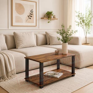 May include: A rectangular coffee table featuring a dark brown wood-grain finish top and a matching lower shelf, supported by four sturdy black metal legs. The table is positioned in a living space, providing a surface for items.
