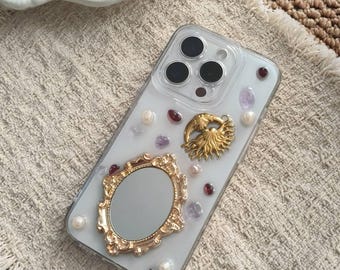 Handmade Resin Baroque Mirror Phone Case | Gold Vintage Frame iPhone Case | Clear TPU Cover with Pearl & Gemstone Charms | Aesthetic Gift