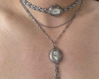 Silver Layered Watch Necklace Set, 2-in-1 Working Quartz Watch Choker ,Vintage Rhinestone Clock Jewelry,Gothic Punk Necklace for Women
