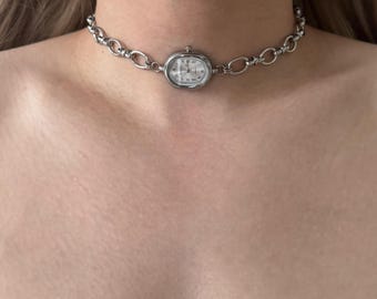 Minimalistische Uhren-Choker-Halskette, Schmuck mit silberner Quarzuhr, Vintage-Ovalketten-Choker, auffällige Statement-Halskette mit massiven Gliedern