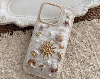 Handmade Resin Beach Shell Phone Case | Cream TPU Cover with Real Seashells,Gold Sun,Starfish Mermaid Charms | Coastal Summer Aesthetic Gift