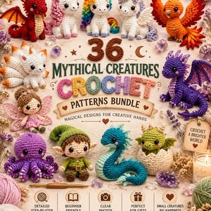 Puede incluir: Un paquete de patrones digitales titulado 36 Mythical Creatures Crochet Patterns Bundle que presenta varias figuras de ganchillo, incluidos dragones, unicornios, un fénix, un hada, un pulpo y un duende, con iconos instructivos en la parte inferior.
