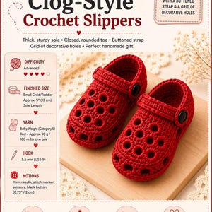 May include: A pair of red crochet clog-style slippers featuring a closed rounded toe, a grid of decorative holes, and a black buttoned strap. The pattern information includes a difficulty level, a finished size of 5 inches, and yarn requirements.