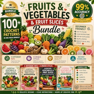 May include: A digital bundle of 100+ crochet patterns for fruits and vegetables, featuring a wicker basket filled with crocheted produce like broccoli, carrots, and corn. The graphic includes text labels, four PDF cover examples, and icons.