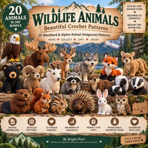 Könnte beinhalten: Ein digitales Musterpaket mit dem Titel Wildlife Animals Beautiful Crochet Patterns, das 20 Amigurumi-Muster für Wald- und Alpentiere enthält, darunter Adler, Elch, Hirsch, Wolf, Fuchs, Bär, Waschbär, Otter, Stinktier, Dachs, Biber, Eichhörnchen, Streifenhörnchen, Igel, Hase und Eule.