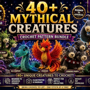 Puede incluir: Un paquete de patrones de ganchillo titulado 40+ Mythical Creatures que muestra imágenes de figuras tejidas, incluyendo un kraken morado, una hidra verde, una serpiente marina azul, un fénix rojo, un cachorro de cerbero, una quimera y un basilisco verde.