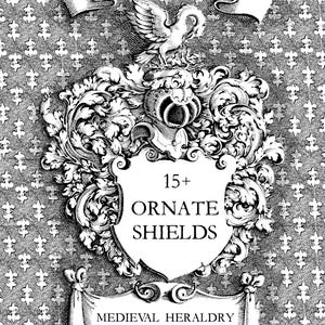 Medieval Heraldry Illustrations, 15+ ornate shields digital art assets