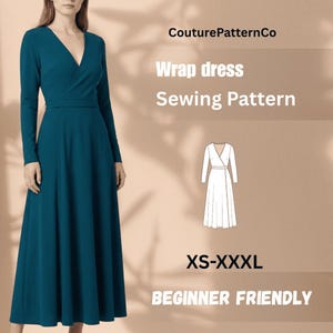 May include: A teal long-sleeve wrap dress with a V-neckline and a flared skirt. The image includes the text CouturePatternCo, Wrap dress, Sewing Pattern, XS-XXXL, and BEGINNER FRIENDLY, along with a white line drawing of the dress silhouette.