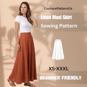 Puede incluir: Un patrón de costura para una falda larga de lino de CouturePatternCo. El diseño presenta una falda de cintura alta hasta el suelo en un color naranja óxido sólido. El patrón está disponible en tallas XS-XXXL y se etiqueta como apto para principiantes.