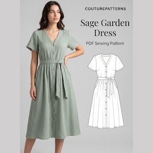 Pode incluir: Um vestido midi verde sálvia com mangas curtas, decote em V, frente abotoada e cinto de tecido a condizer. O texto COUTUREPATTERNS Sage Garden Dress PDF Sewing Pattern é visível ao lado de um desenho de linha a preto e branco do vestido.