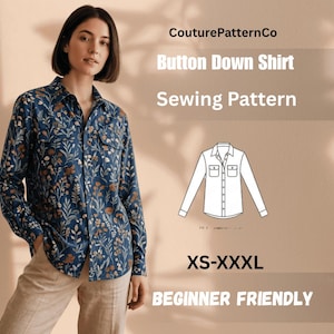 May include: A long-sleeve button-down shirt with a blue floral print, featuring two chest pockets and a collar. Text includes CouturePatternCo, Button Down Shirt, Sewing Pattern, XS-XXXL, and BEGINNER FRIENDLY, with a line drawing of the shirt.