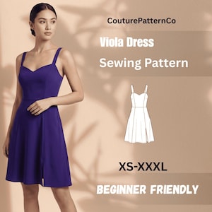 May include: A sewing pattern for the Viola Dress by CouturePatternCo, featuring a sleeveless purple dress with a sweetheart neckline and a flared skirt. The text includes Viola Dress, Sewing Pattern, XS-XXXL, and BEGINNER FRIENDLY.