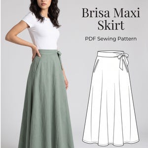 May include: A sage green maxi skirt with a high waistband, side pockets, and a tie detail at the waist. The image includes the text COUTUREPATTERNS Brisa Maxi Skirt PDF Sewing Pattern and a black and white line drawing of the skirt design.