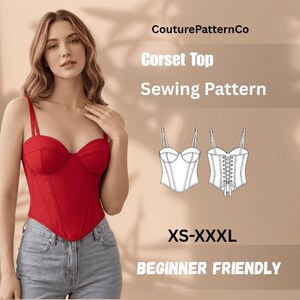 May include: A red corset top sewing pattern by CouturePatternCo. The design features thin straps, a sweetheart neckline, and a lace-up back. The pattern is available in sizes XS-XXXL and is labeled as beginner friendly, shown with technical line drawings.
