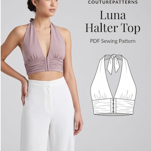 May include: A mauve halter top with a deep V-neckline, gathered fabric at the bust, and a front hook-and-eye closure. The image includes the text COUTUREPATTERNS Luna Halter Top PDF Sewing Pattern and a black and white line drawing of the garment.
