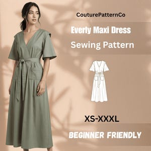 Op de afbeelding: Een saliegroene maxi-jurk met een V-hals, korte wapperende mouwen, een strikceintuur en twee voorzakken. De afbeelding bevat de tekst CouturePatternCo, Everly Maxi Dress Sewing Pattern, XS-XXXL en BEGINNER FRIENDLY met een lijntekening.