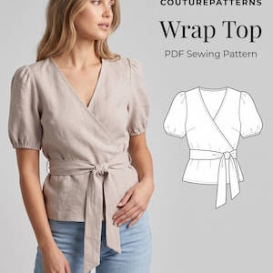 May include: A beige wrap top with short puff sleeves and a tie-waist closure. The image includes text reading COUTUREPATTERNS Wrap Top PDF Sewing Pattern and a black and white line drawing illustration of the garment design.