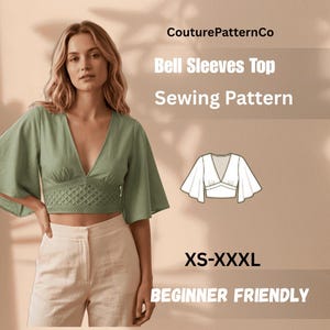 May include: A sage green crop top with wide bell sleeves and a textured lattice-patterned midriff section. The image includes the text CouturePatternCo, Bell Sleeves Top Sewing Pattern, XS-XXXL, and BEGINNER FRIENDLY.