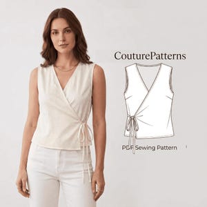 May include: A sleeveless cream-colored wrap top with a V-neckline and side tie closure. Next to the top is a black and white line drawing illustration labeled CouturePatterns PDF Sewing Pattern, showing the construction of the garment.
