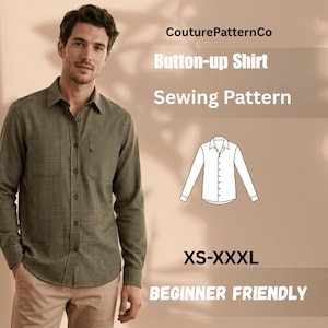 May include: A sewing pattern for a button-up shirt by CouturePatternCo. The graphic includes the text Button-up Shirt, Sewing Pattern, XS-XXXL, and BEGINNER FRIENDLY, alongside a line drawing of a long-sleeve shirt with a collar.