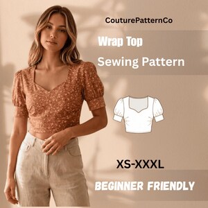 May include: A sewing pattern for a wrap top by CouturePatternCo, featuring a brown floral print, puff sleeves, and a sweetheart neckline. The graphic includes a technical line drawing of the top and the size range XS-XXXL, labelled as beginner friendly.