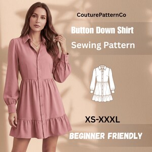 May include: A dusty rose button-down shirt dress with long sleeves, a collar, and a tiered skirt. The image includes the text CouturePatternCo, Button Down Shirt Sewing Pattern, XS-XXXL, and BEGINNER FRIENDLY, along with a line drawing of the dress.