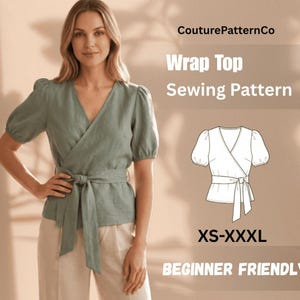 Wrap Top Sewing Pattern PDF,  Crop Wrap Tie V Neck Top Pattern, Linen Crossover Lace Summer Crop Top, Digital Download, Instant DIY Pattern