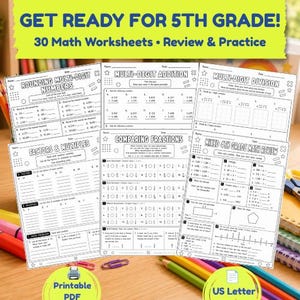 May include: A set of 30 printable math worksheets for 5th grade students, featuring black and white pages with exercises on rounding, multi-digit addition, division, factors, multiples, comparing fractions, and a mixed 4th grade math review.
