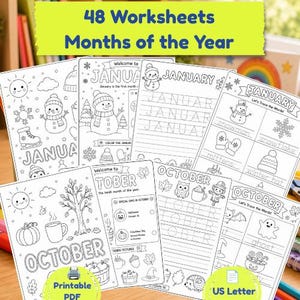 May include: A collection of 48 printable worksheets titled Months of the Year, featuring black and white line art for coloring and tracing. The pages include seasonal themes like January snowmen and October pumpkins with text prompts in English.