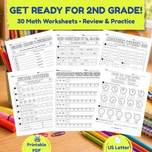 May include: A collection of 30 maths worksheets for 2nd grade students, featuring exercises on number names, skip counting, addition within 100, number patterns, subtraction using number lines, and telling time to the hour and half hour.