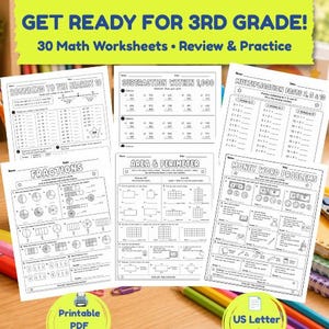 May include: A collection of 30 math worksheets for 3rd grade students, featuring black and white printed pages with exercises on rounding, subtraction, multiplication, fractions, area, perimeter, and money word problems, in a printable PDF format.