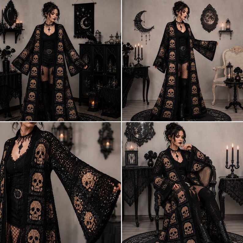 May include: A long, open-front black crochet duster cardigan featuring a repeating pattern of beige skull motifs. The garment has wide, flared sleeves and a floor-length hem, constructed from a detailed, open-work knit fabric throughout.