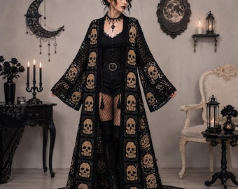 Gothic Crochet Cardigan Pattern PDF, Skull Lace Duster, Granny Square Sweater Tutorial, Long Bell Sleeve Witchy Coat